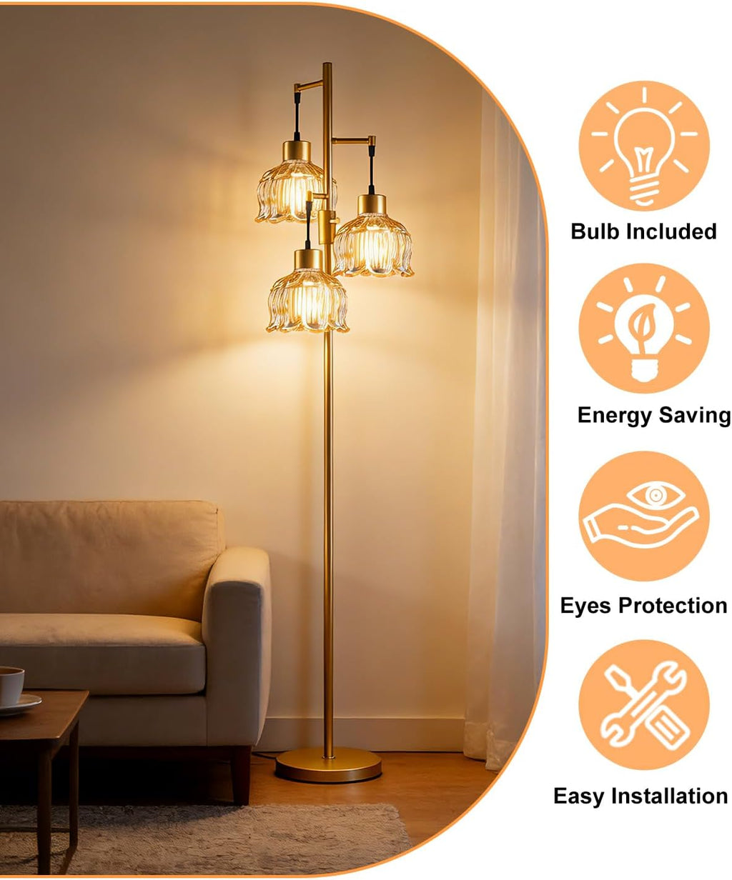 3‑Light Dimmable Gold Amber Lotus Glass Floor Lamp