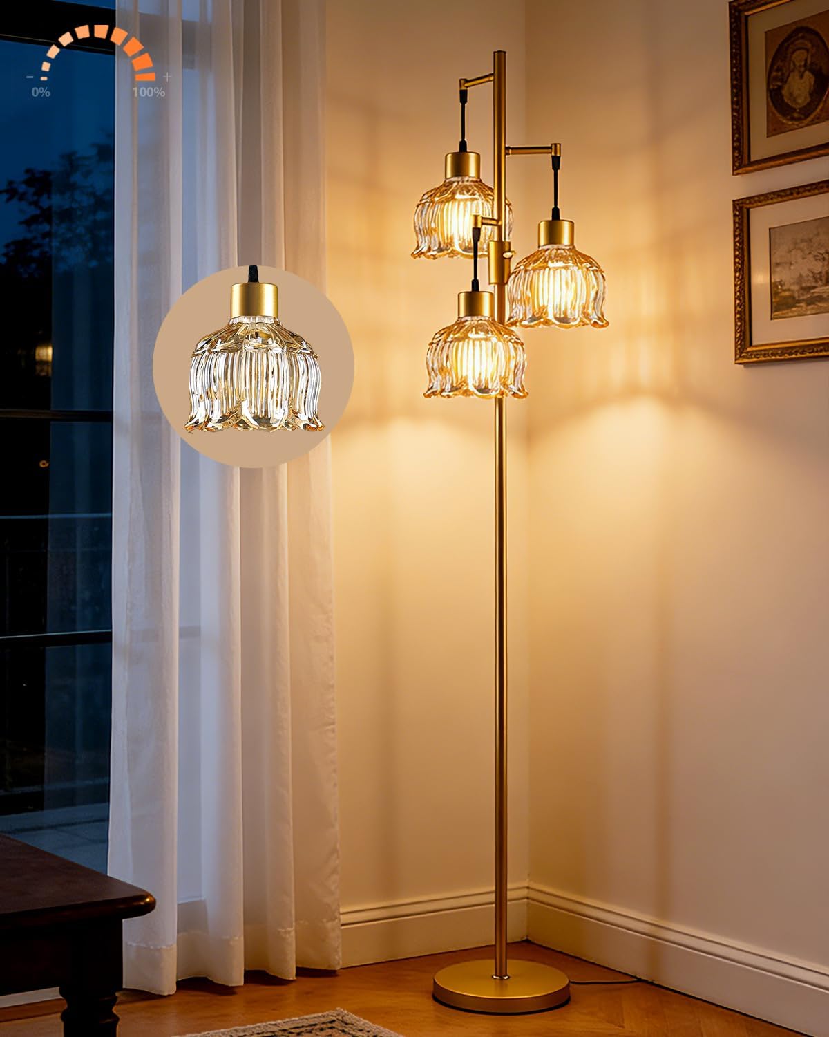 3‑Light Dimmable Gold Amber Lotus Glass Floor Lamp