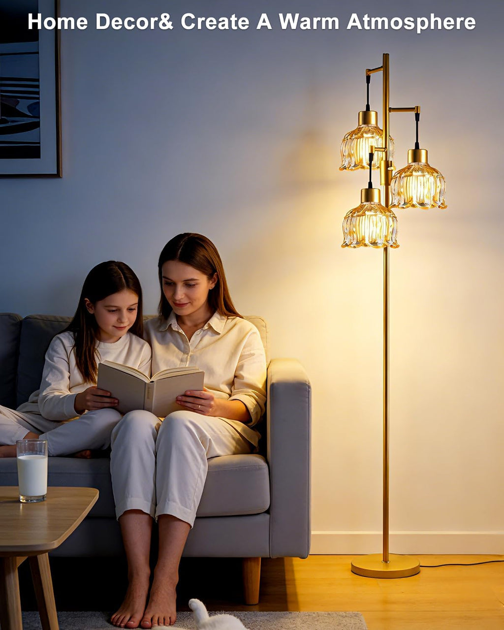 3‑Light Dimmable Gold Amber Lotus Glass Floor Lamp