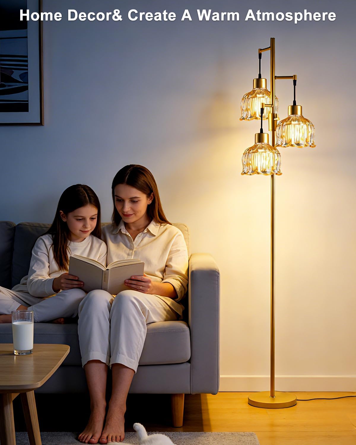 3‑Light Dimmable Gold Amber Lotus Glass Floor Lamp