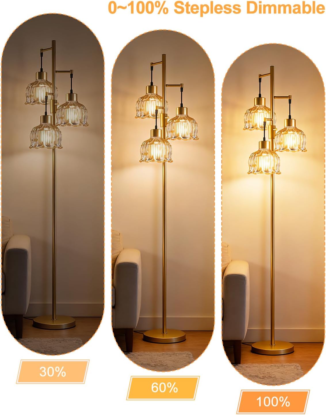 3‑Light Dimmable Gold Amber Lotus Glass Floor Lamp