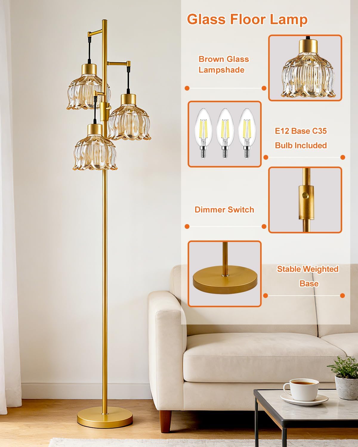 3‑Light Dimmable Gold Amber Lotus Glass Floor Lamp